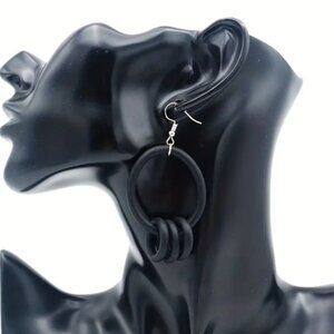 2/$30 Modern Minimalist Artsy Unique Black Rubber Circular Hanging Earrings
